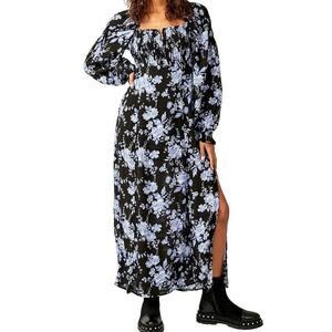 Free People Jaymes Blue Floral Print Square Neck Long Sleeve Cottage Midi Dress